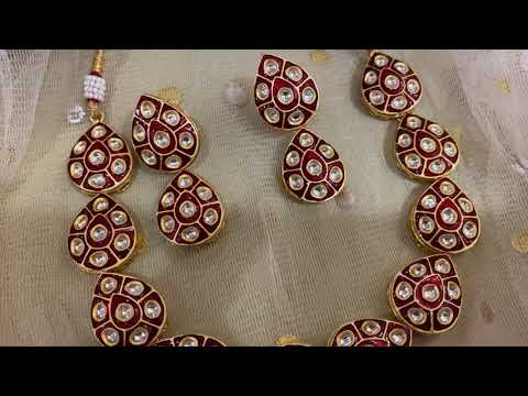 Shlokha Red Gold Plated Kundan Meenakari Necklace Set