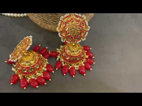 Pahal Red Gold Plated Kundan Jhumka Earrings