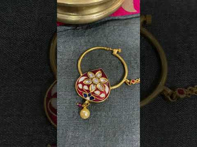 Omesa Red Meenakari Gold Plated Kundan Nose Ring