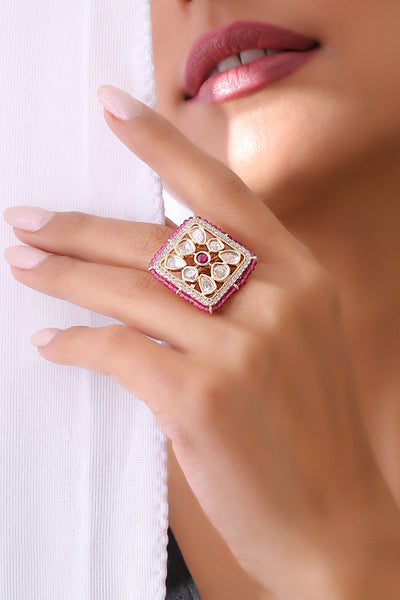 Baani Pink Gold Plated Kundan Ring
