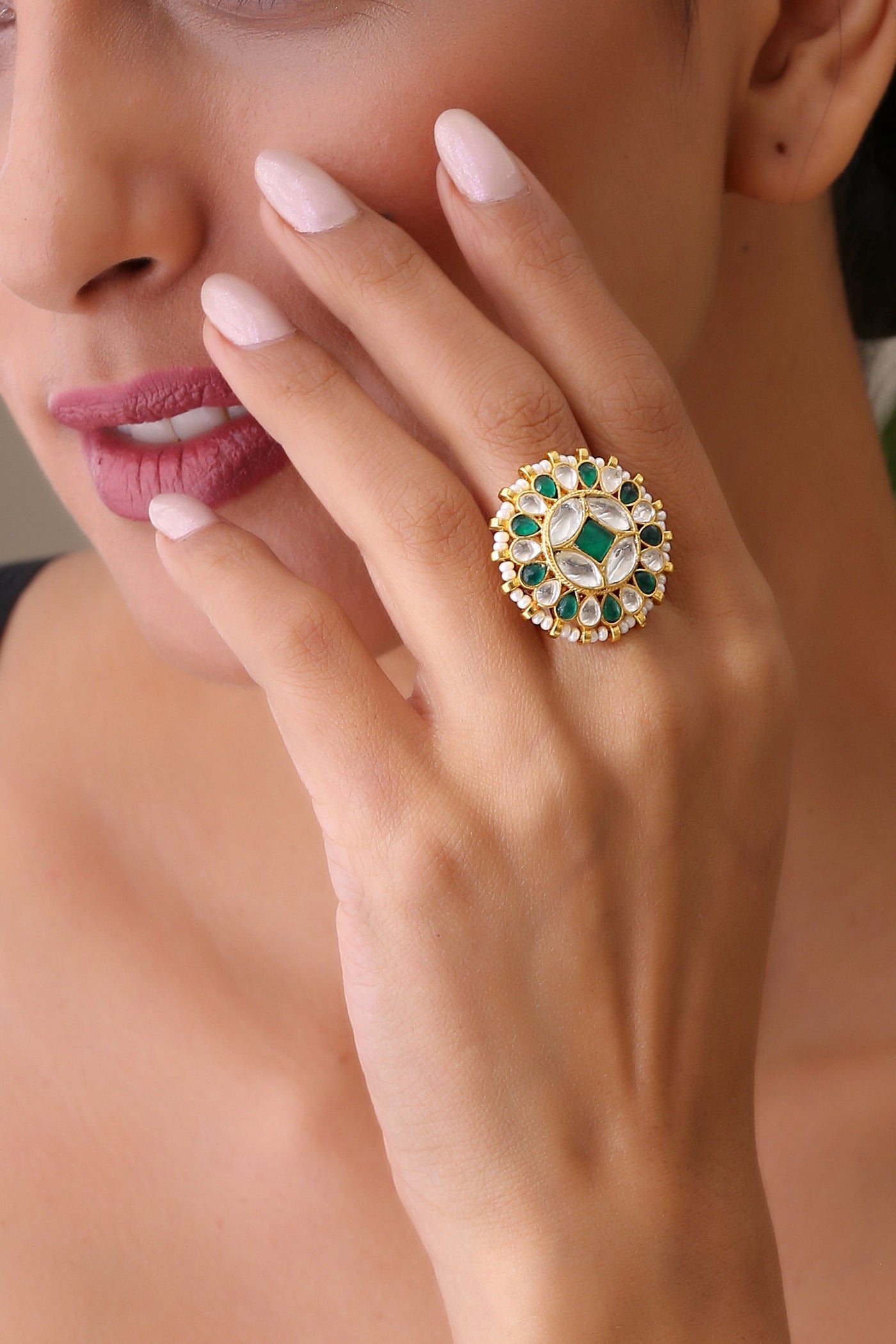 Arana Green Gold Plated Kundan Ring