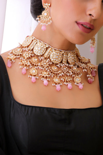 Nihaar Pink Gold Plated Kundan Choker Necklace Set