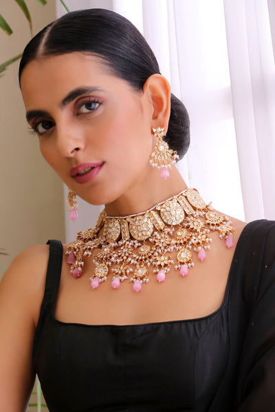 Nihaar Pink Gold Plated Kundan Choker Necklace Set