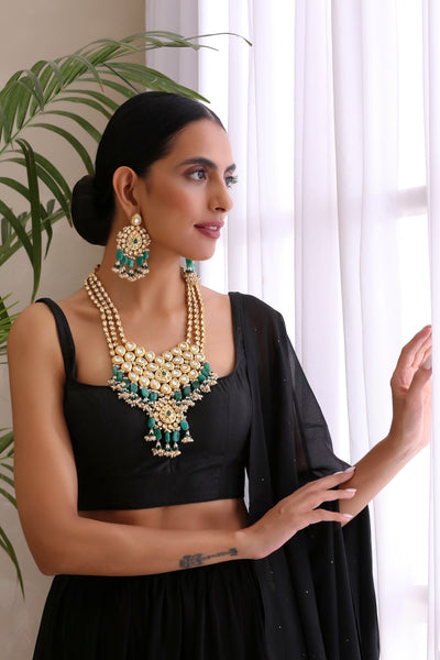 Driya Green Gold Plated Kundan Long Necklace Set