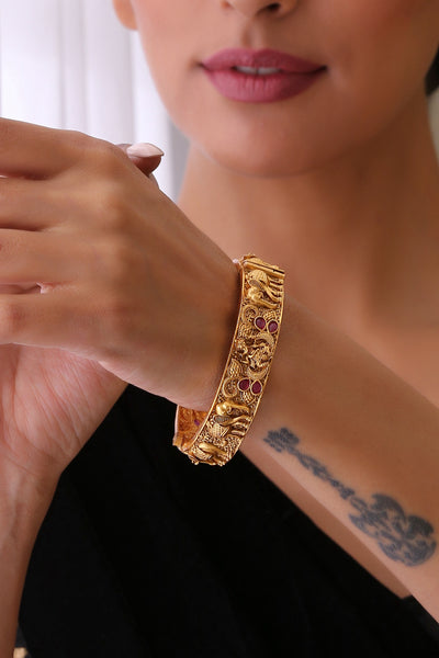 Bhima Red Gold Plated Elephant Embossed Temple Bangle