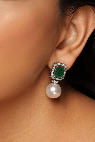 Alicia Pearl Drop Emerald Silver Plated Zirconia Stud Earrings