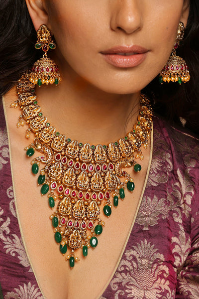 Vasudha Green and Red Temple Necklace Set