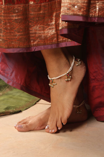Nyra Red Kundan and Pearl Anklets
