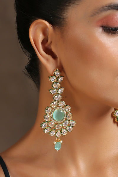 Tasha Green Gold Plated Kundan Dangler Earrings