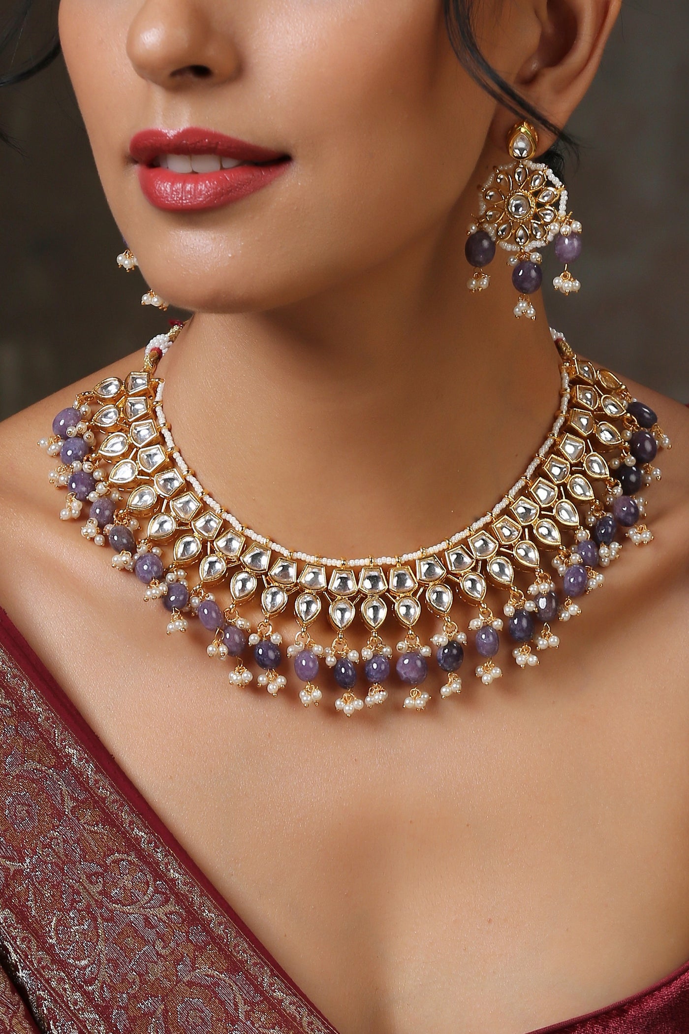 Griya Purple Gold Plated Kundan Necklace Set