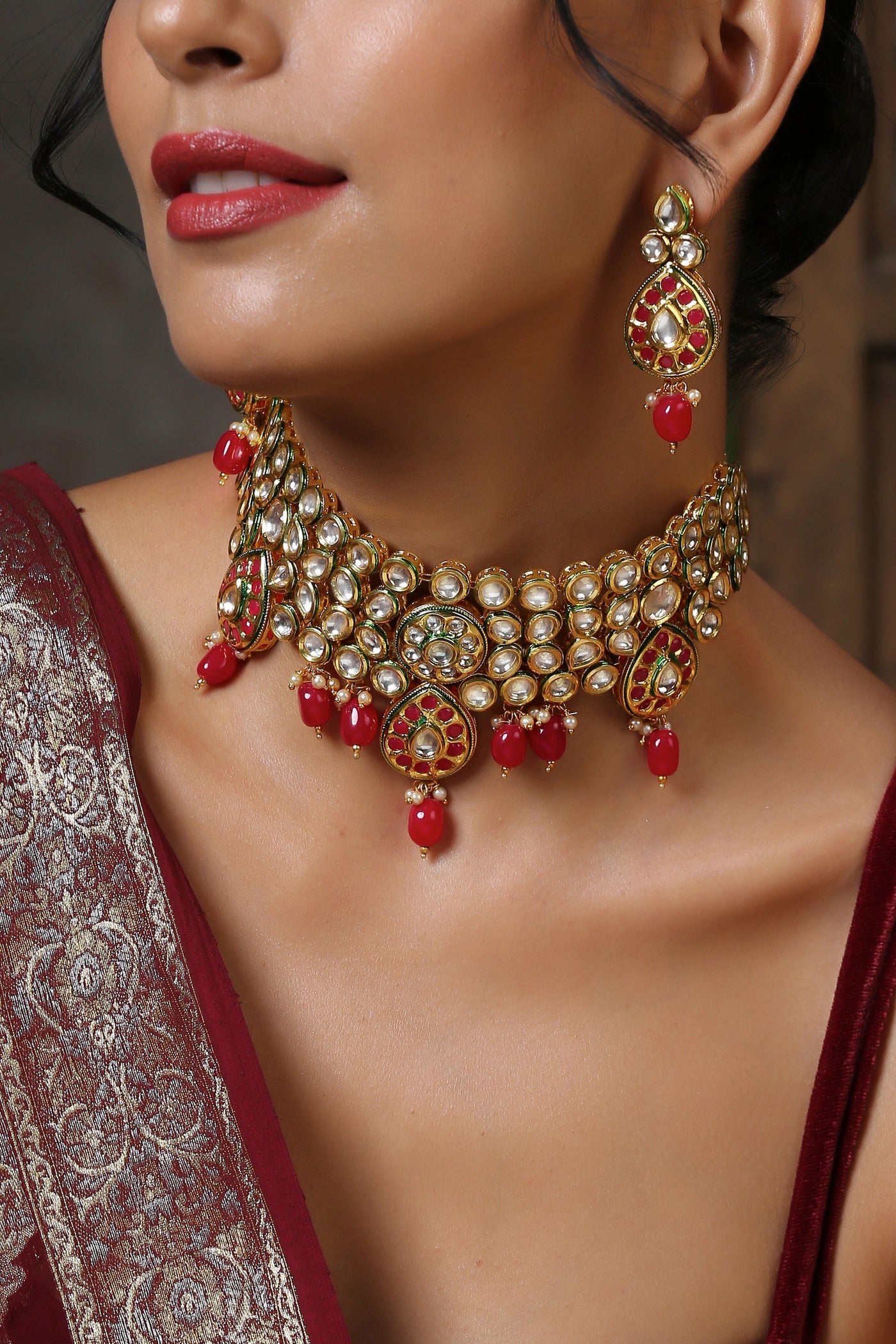 Alakshita Maroon Gold Plated Kundan Choker Necklace Set