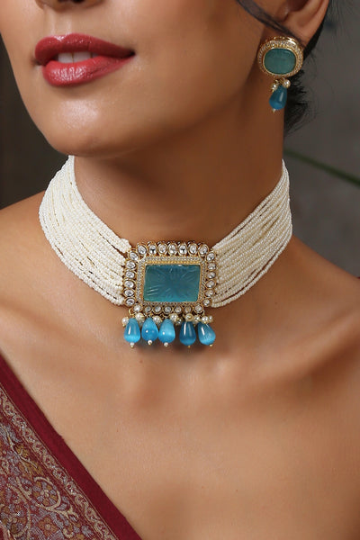 Ranka Blue Gold Plated Kundan Choker Necklace Set