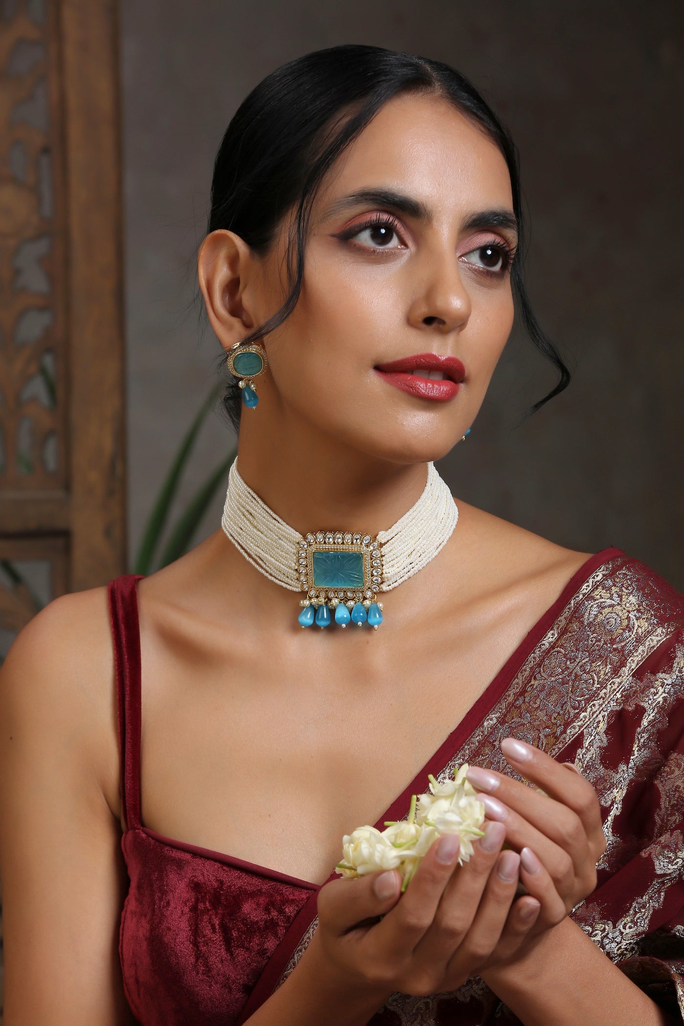 Ranka Blue Gold Plated Kundan Choker Necklace Set