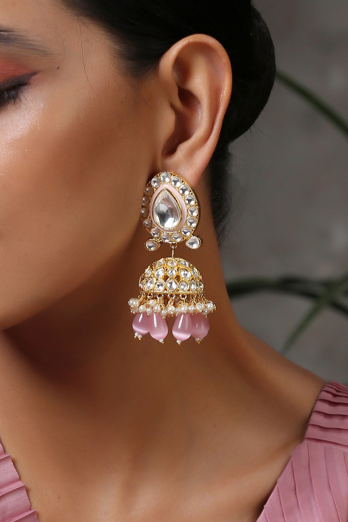 Taheri Pink Gold Plated Kundan Jhumka Earrings
