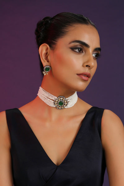 Ombre Green Silver Plated Polki Choker Set