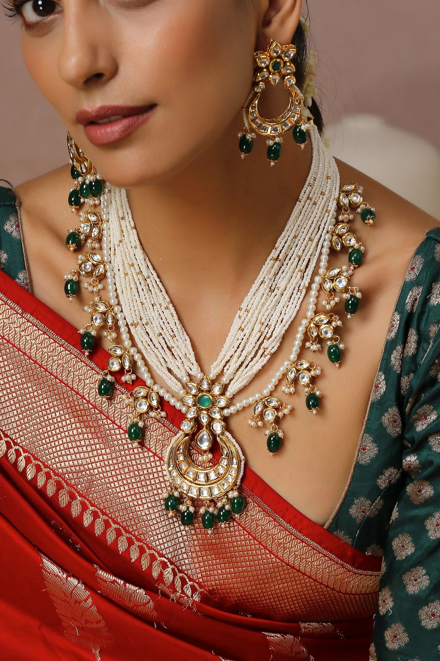 Ghazal Green Gold Plated Kundan and Pearl Necklace Set