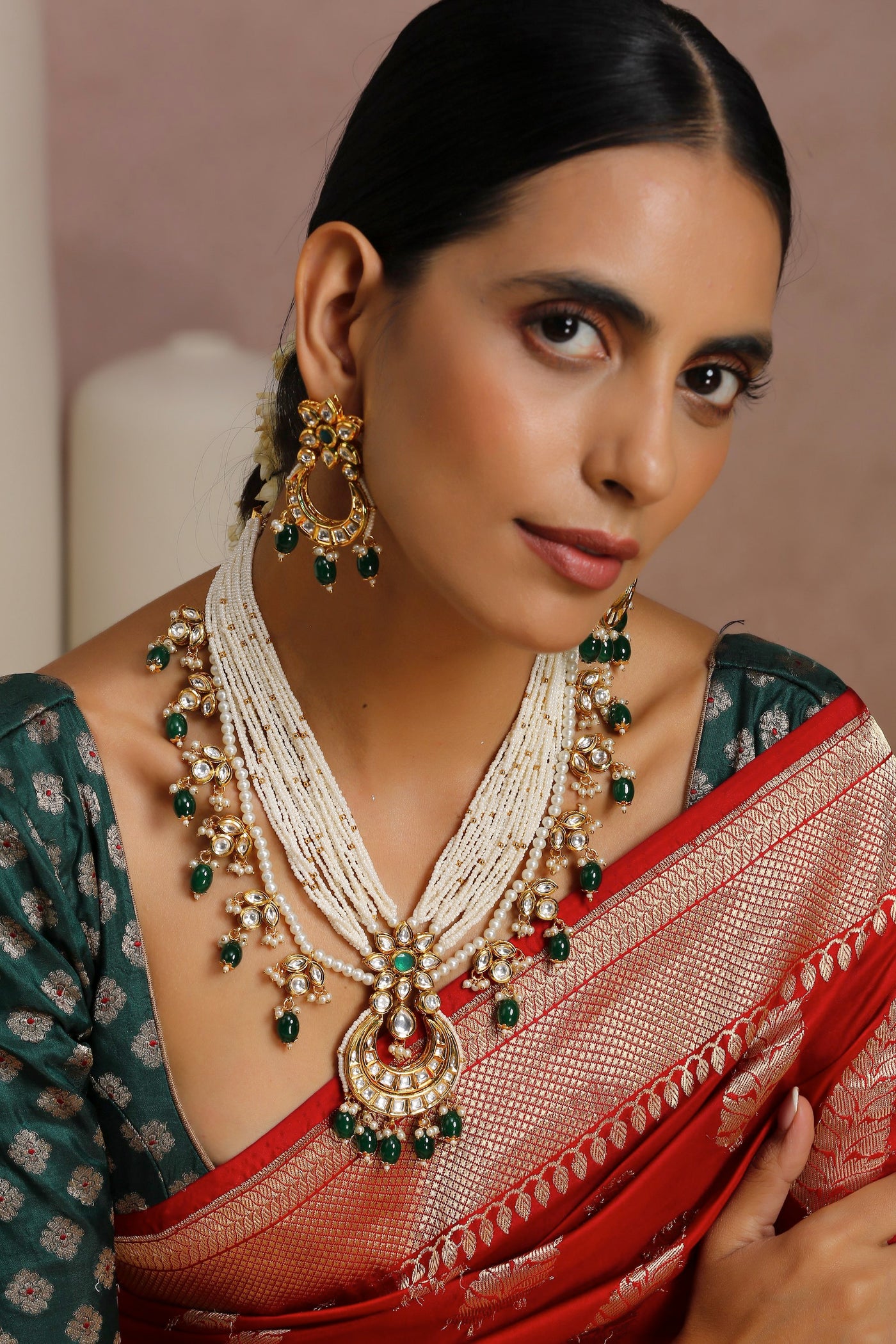 Ghazal Green Gold Plated Kundan and Pearl Necklace Set