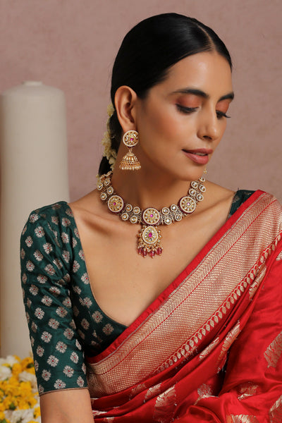 Bivashri Red Gold Plated Kundan Necklace Set