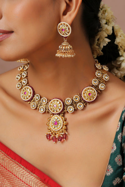 Bivashri Red Gold Plated Kundan Necklace Set