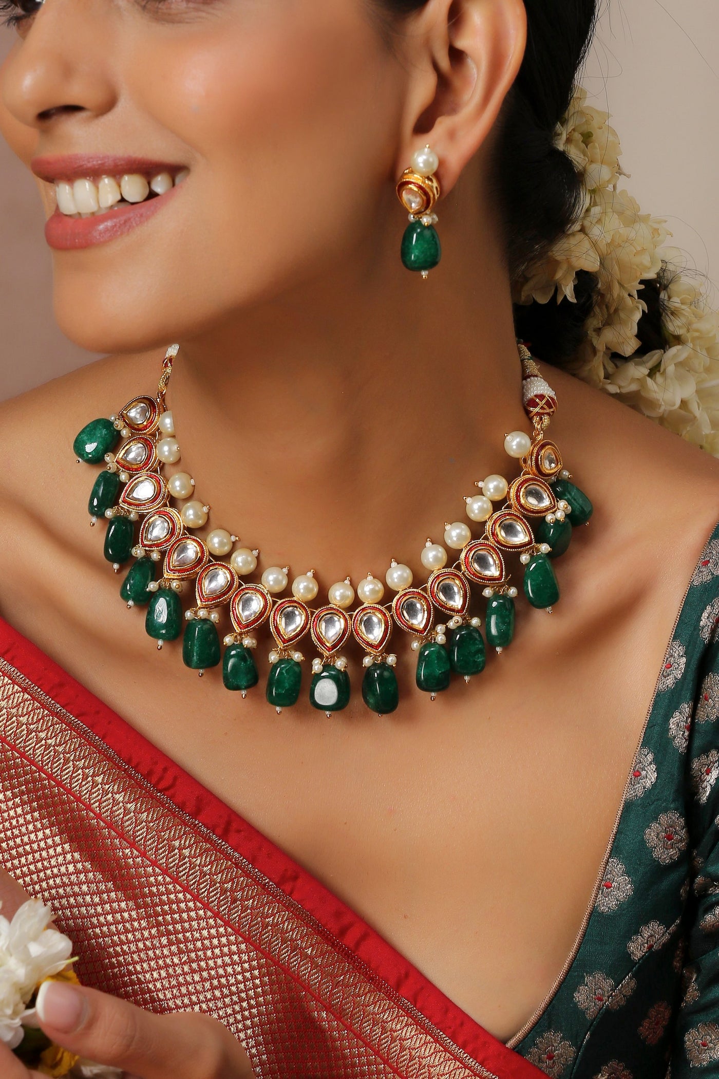 Rambia Green Kundan and Pearl Necklace Set
