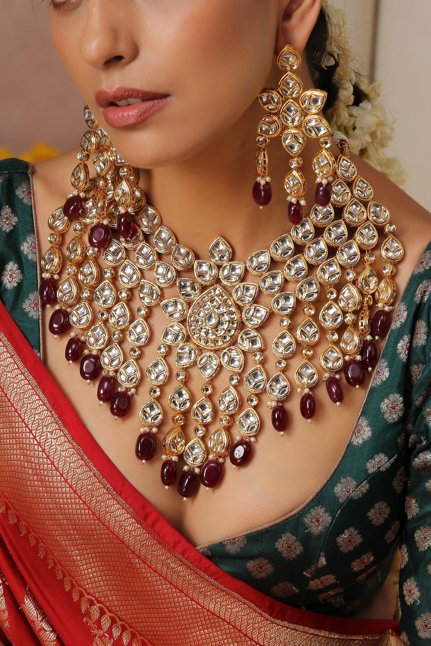 Maysha Red Gold Plated Kundan Bridal Necklace Set