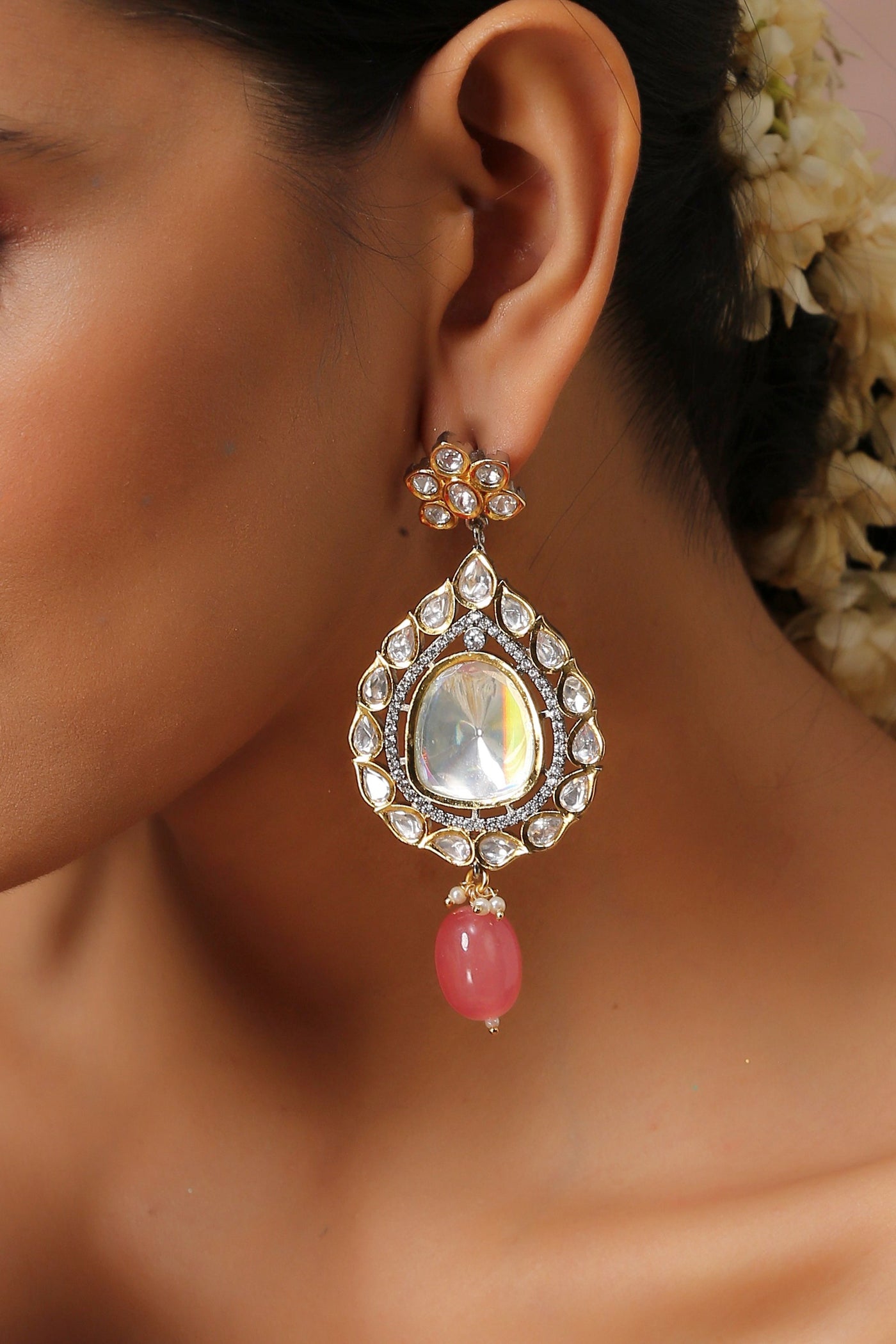 Farida Pink Gold Plated Polki Dangler Earrings