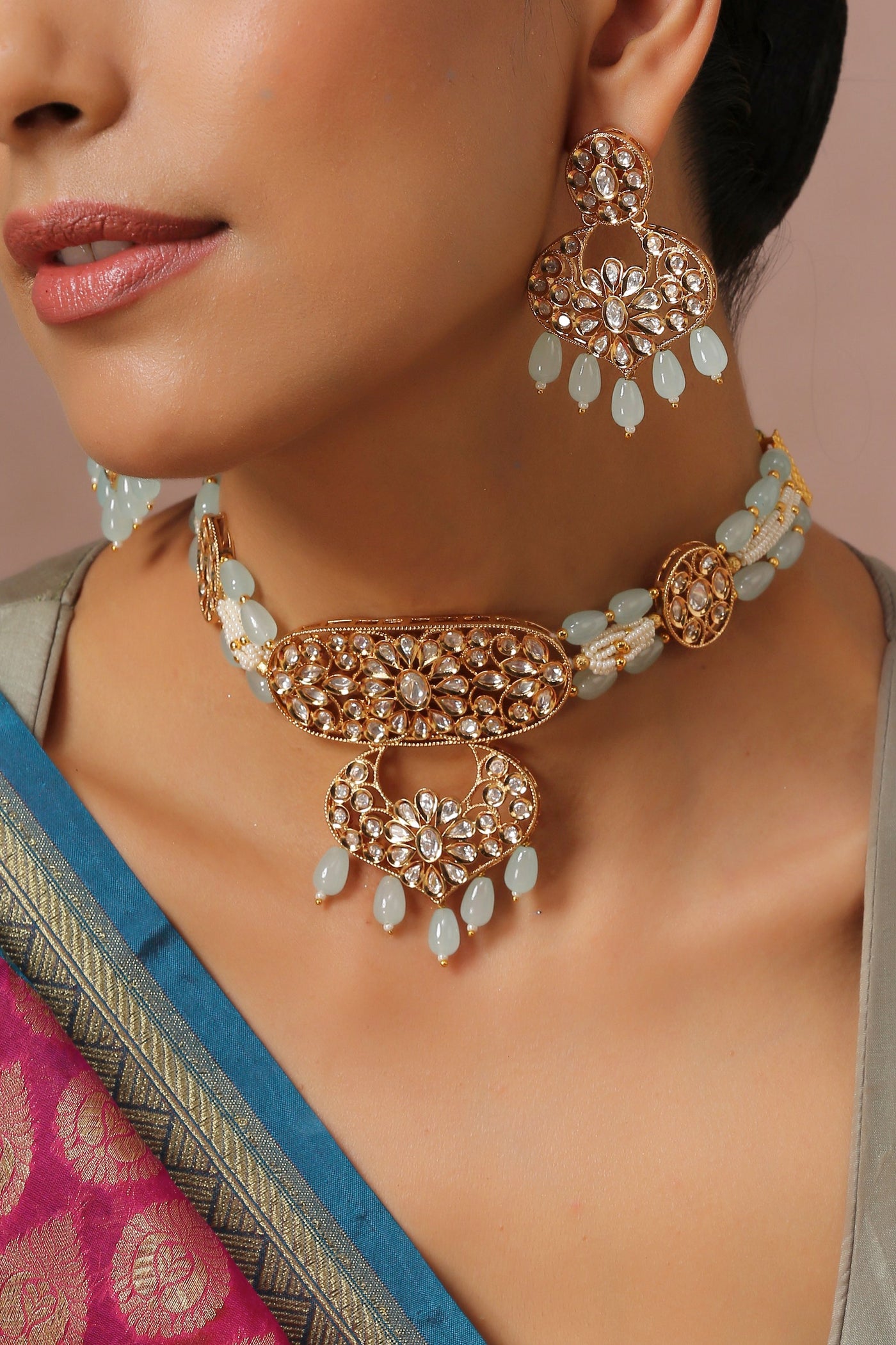 Vamini Blue Gold Plated Kundan Choker Necklace Set