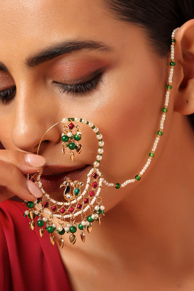 Devika Green and Red Pearl Nose Ring