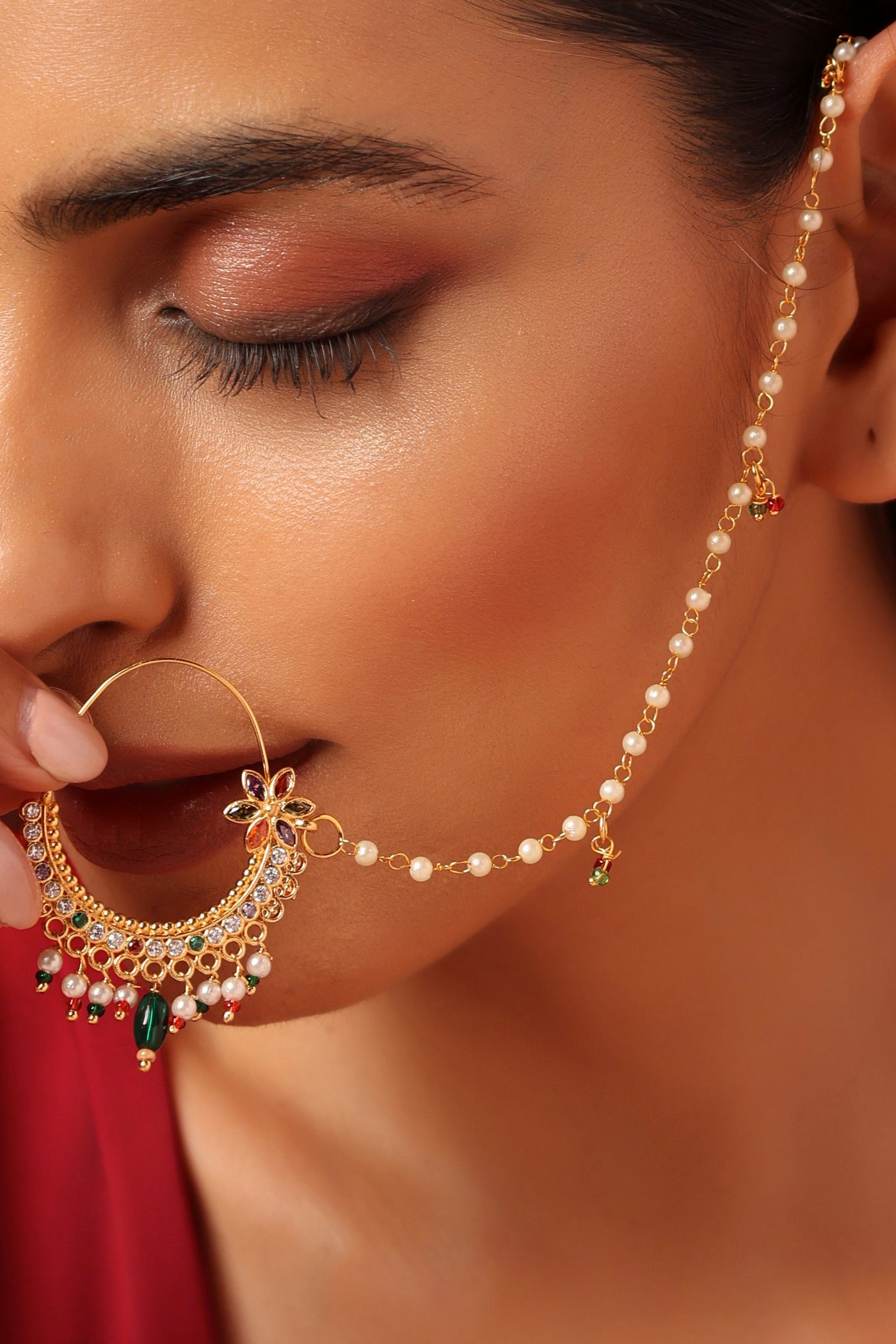 Chaitra Multicolour Kundan and Pearl Nose Ring