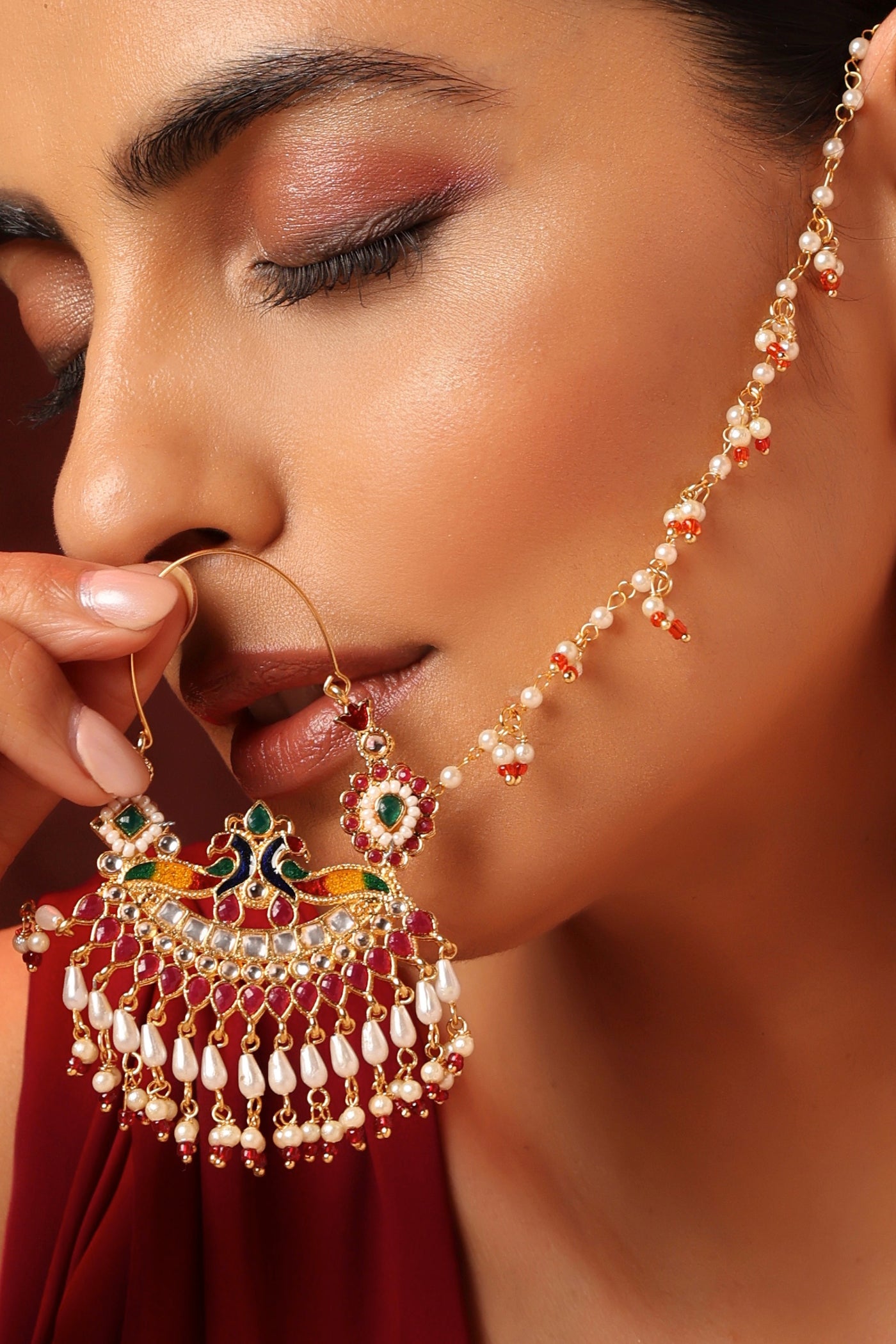 Enakshi Red Kundan and Pearl Nose Ring