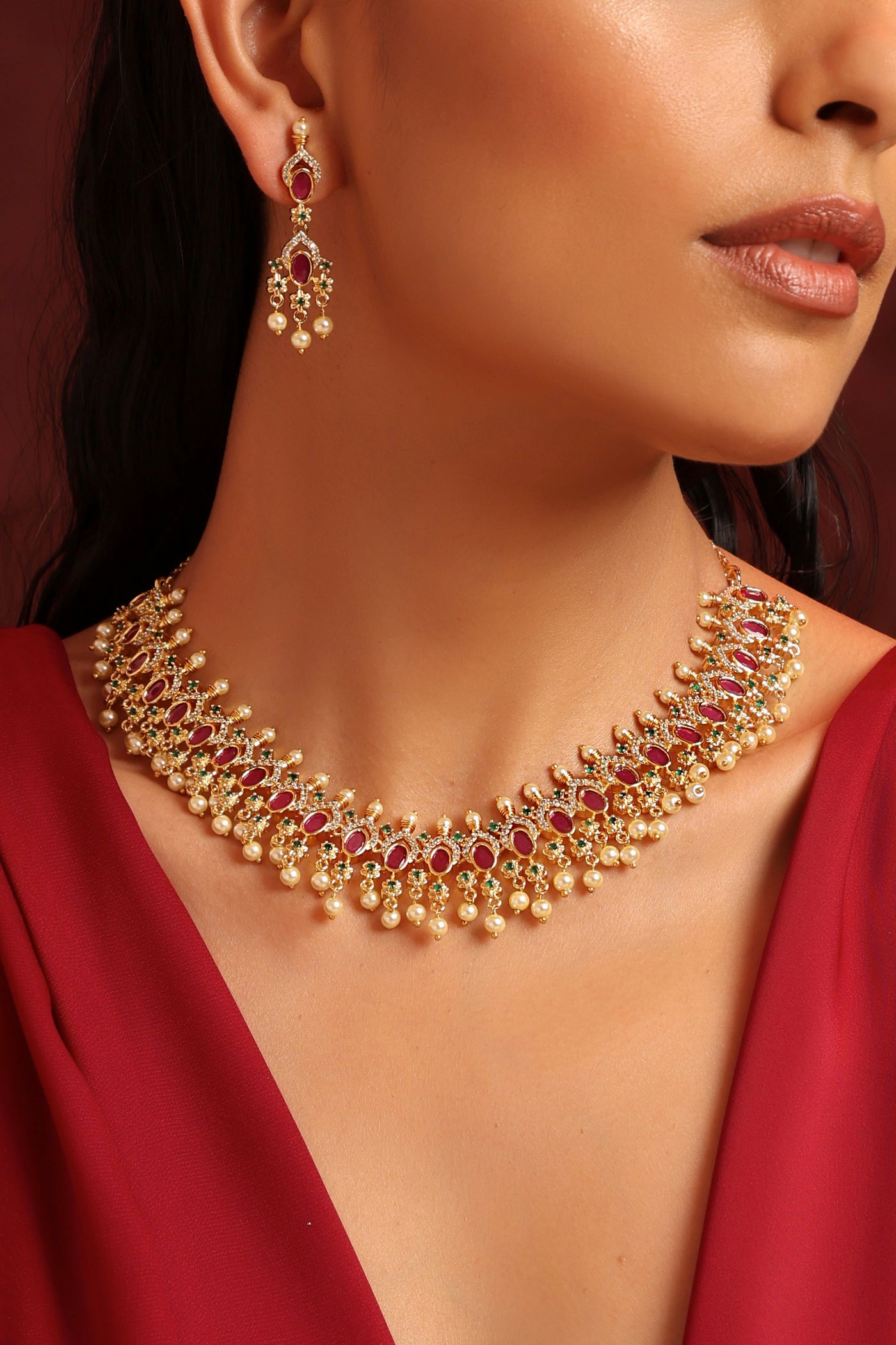 Peehu Red Kundan and Pearl Necklace Set