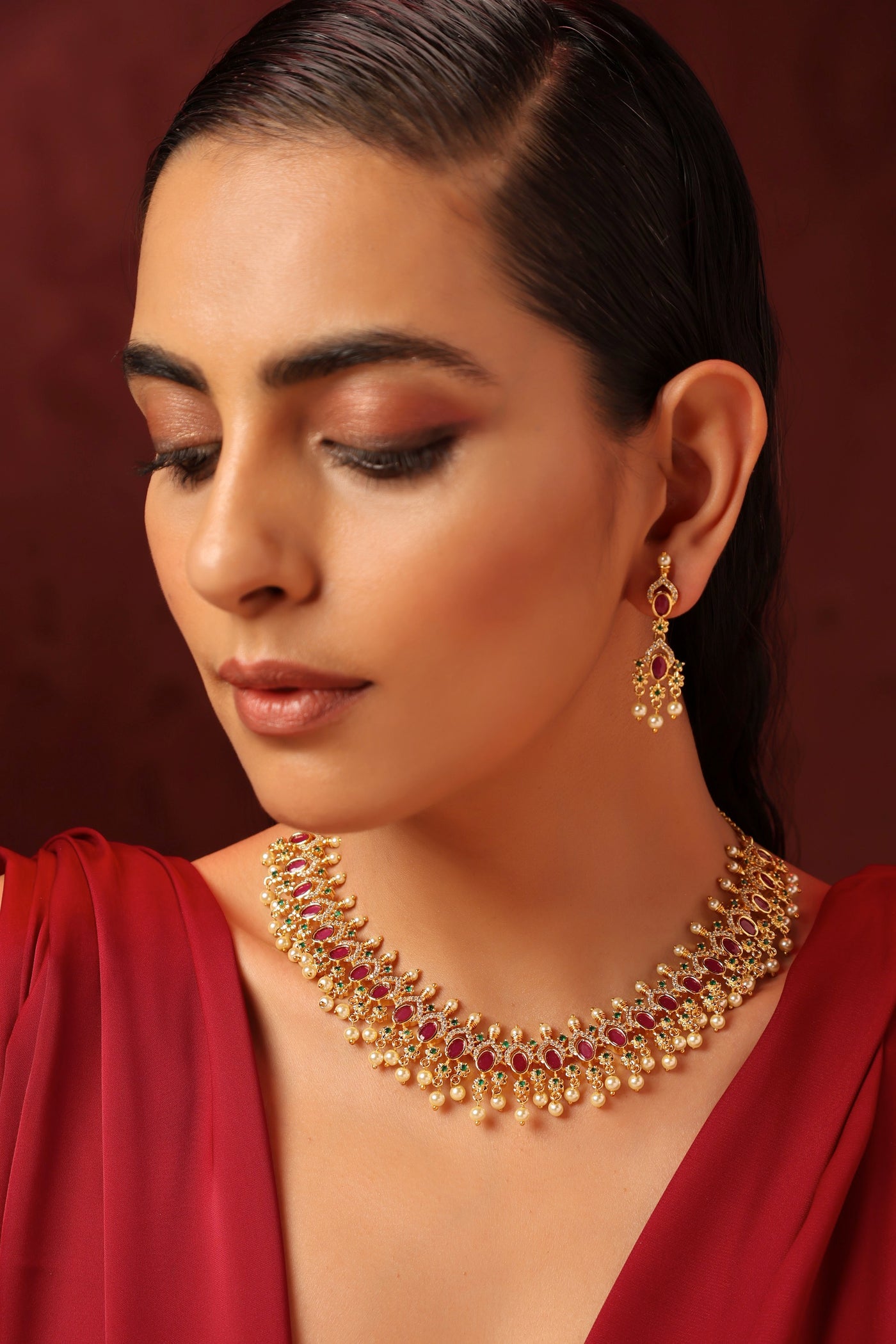 Peehu Red Kundan and Pearl Necklace Set