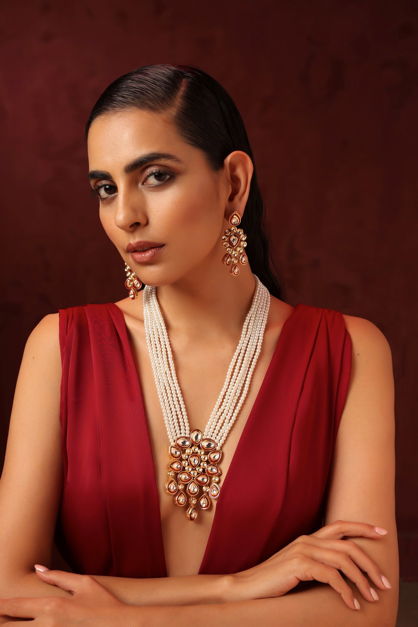 Ina Red Kundan and Pearl Long Necklace Set
